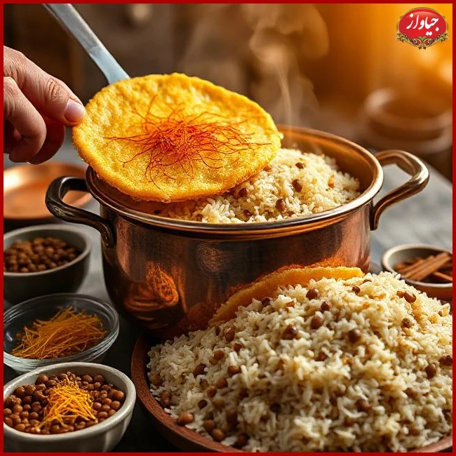 طرز تهیه عدس پلو با ته‌دیگ زعفرانی و ادویه‌های خاص: دستور مرحله‌به‌مرحله و فوت‌وفن حرفه‌ای